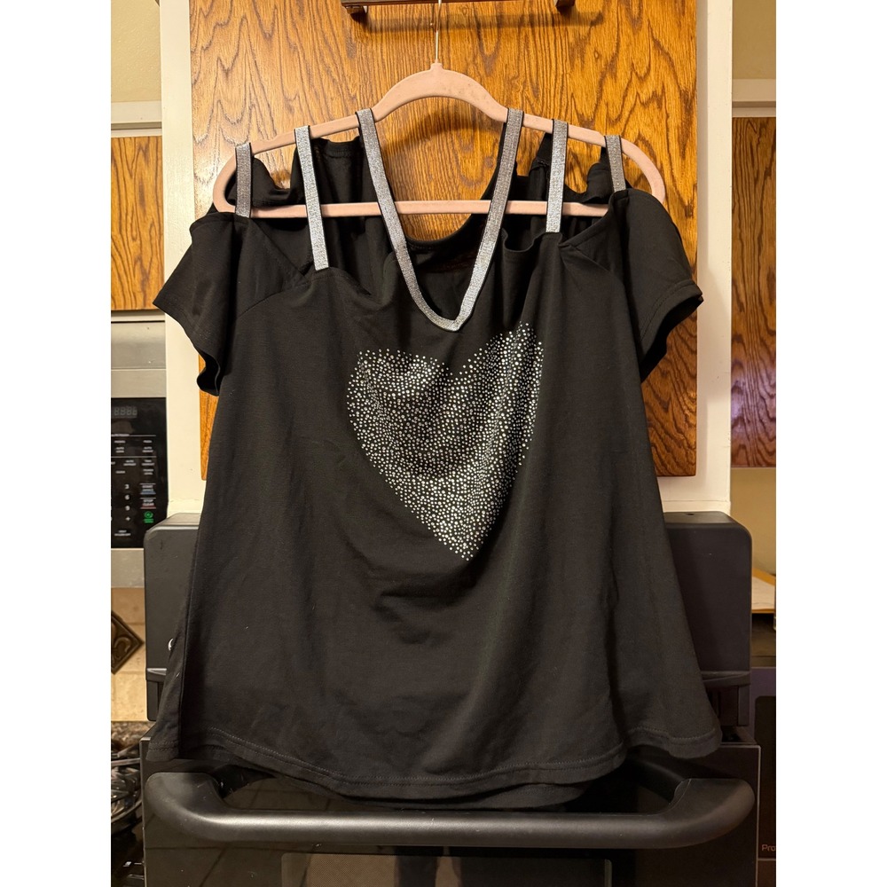 Black Cold Shoulder Top Rhinestone Strap Short Sleeve‎ Women's Plus Size XL